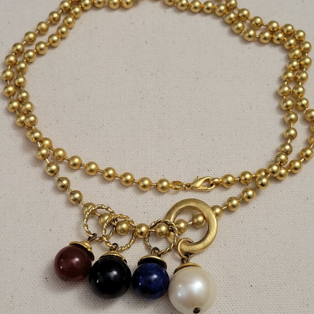 Vintage Gold Beaded Necklace with Faux pearl, onyx, lapis and amber Beads